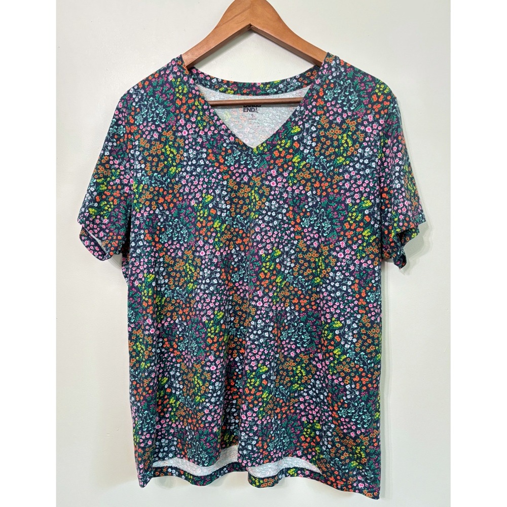 Lands End Womens XL Navy Blue Floral Cotton Short Sleeve V-Neck T-Shirt Top